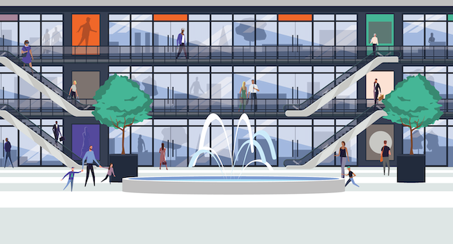 illustration of a three story mall with escalators and a fountain