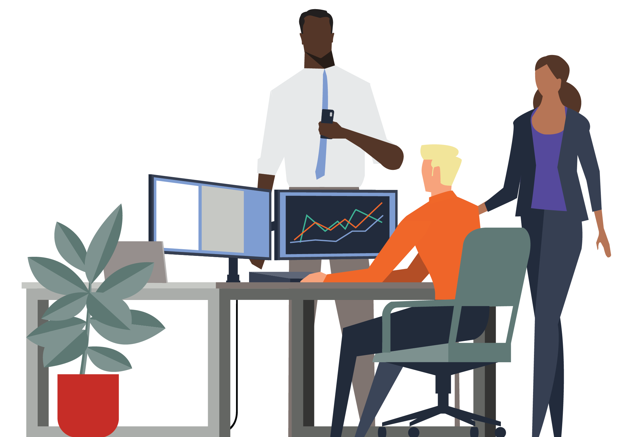 illustration of a group of employees standing together at a desk while one person works on a data visualization