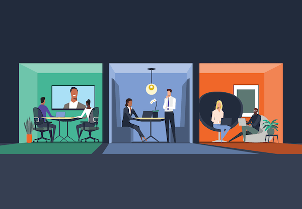 illustration of three flexible office spaces each with a different color scheme where employees are doing different kinds of work