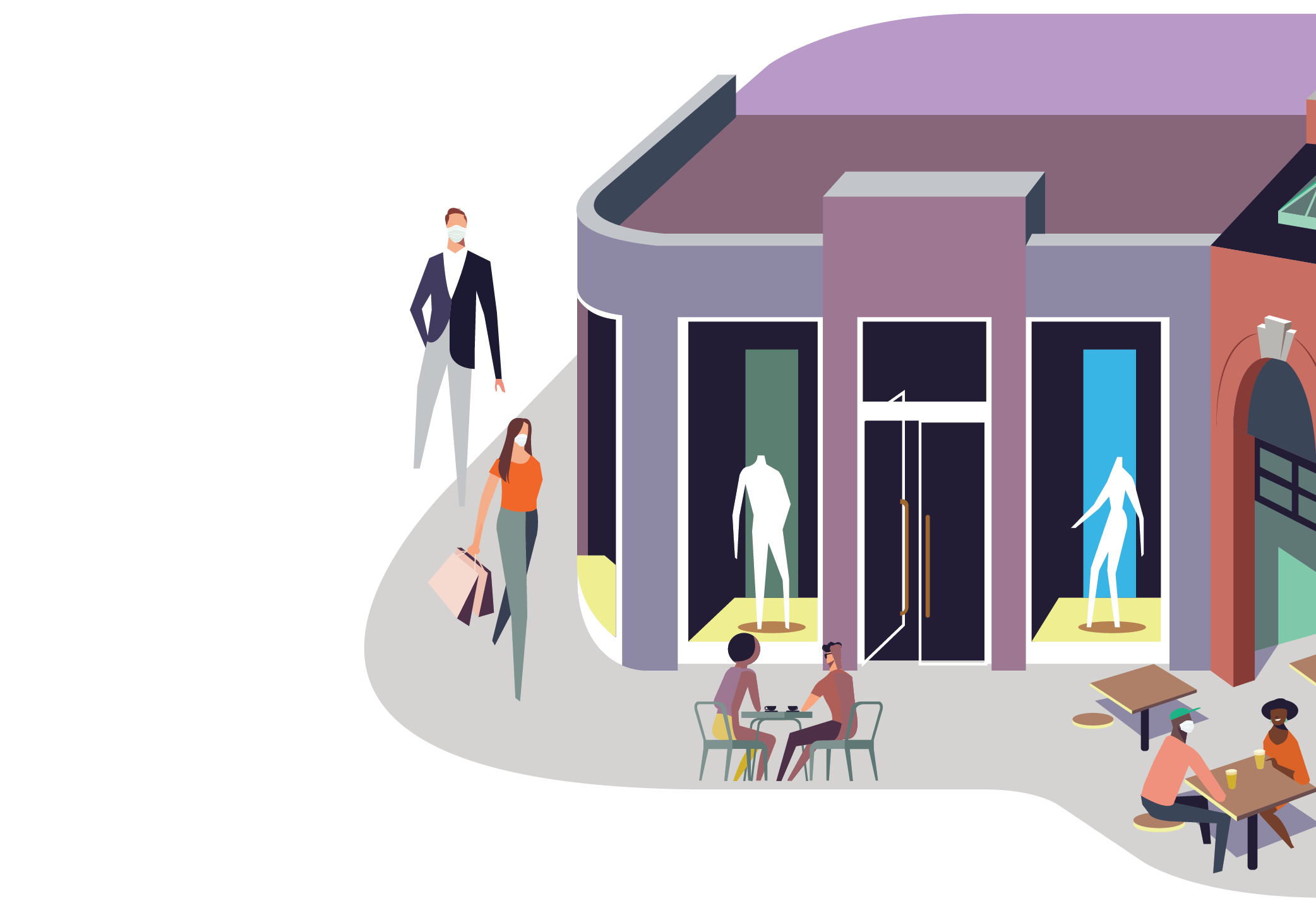illustration of the corner of a street in a retail district with shop windows and people sitting at tables dining on the sidewalk