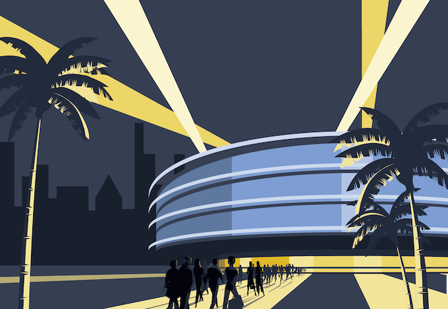 illustration of a stadium at night with spotlights on the roof and a line of people entering the building