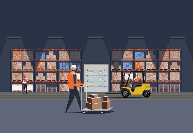 illustration of a logistics worker pushing a cart through a warehouse