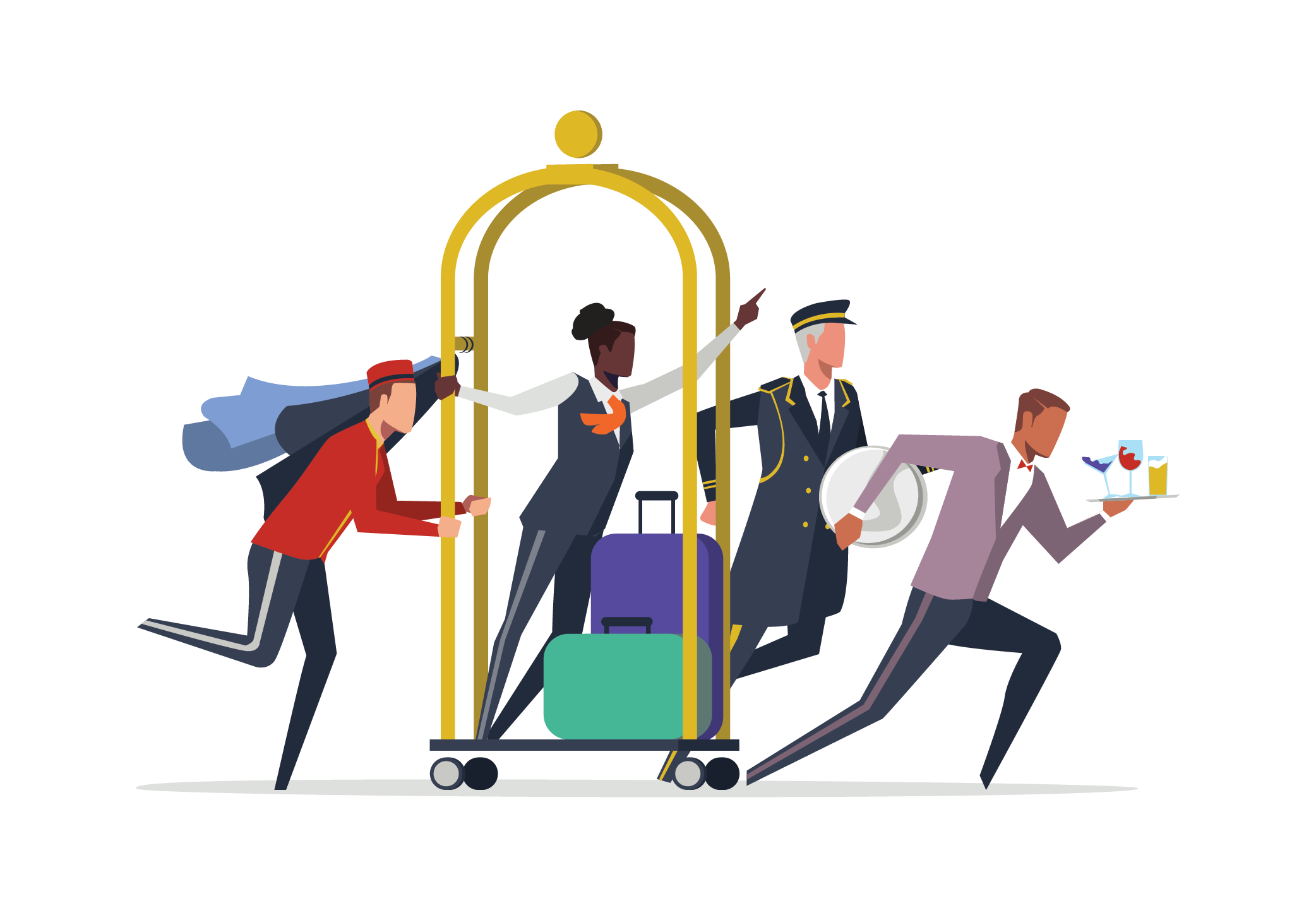 illustration of a group of hotel staff rushing through a lobby