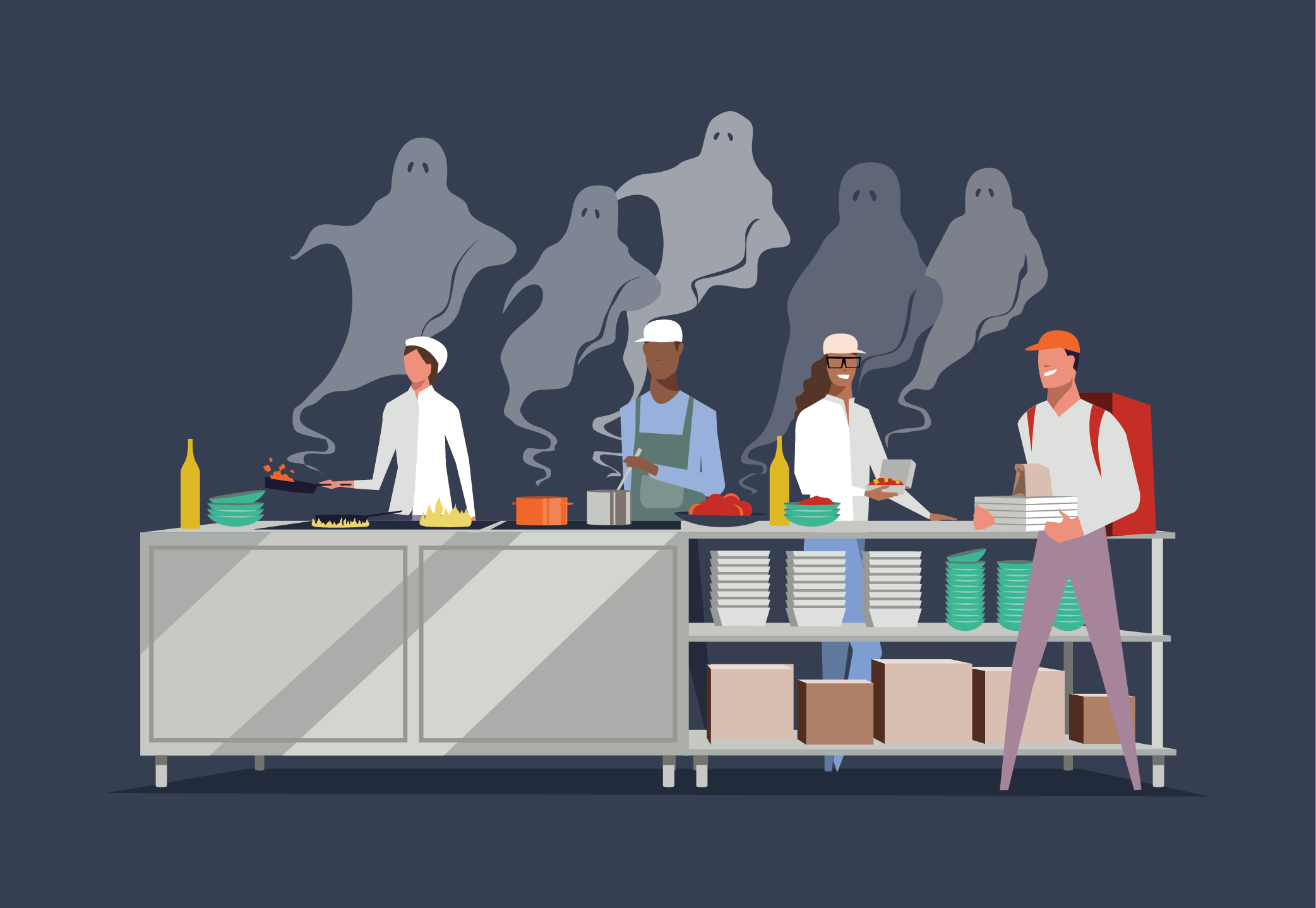 illustration of a dark kitchen where culinary staff are cooking while ghosts hover in the background