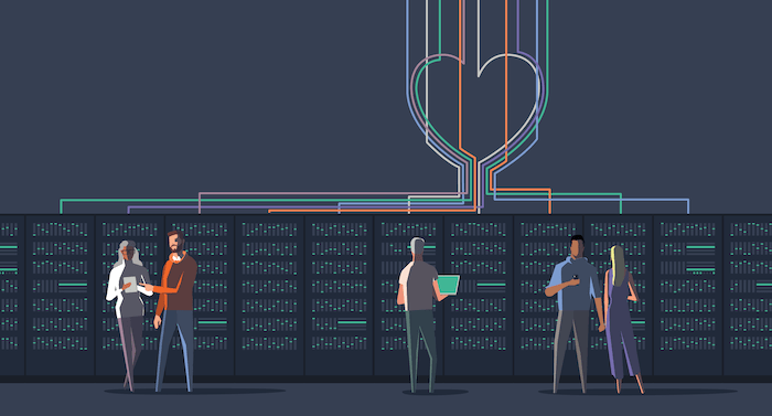 illustration of a group of employees in a data center working near a server rack