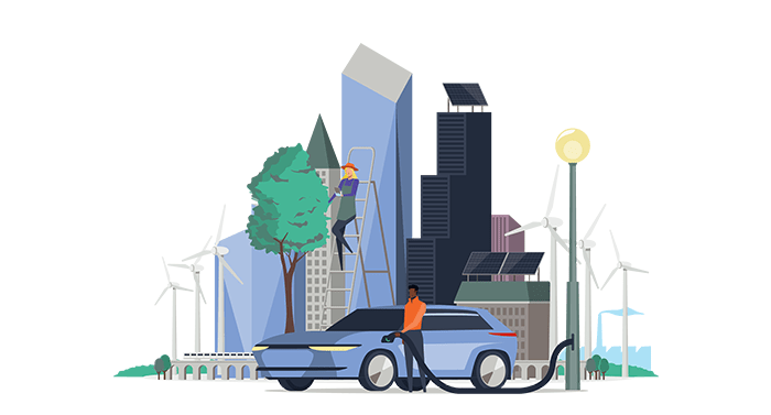 illustration of a person charging a car in front of a city skyline with windmills