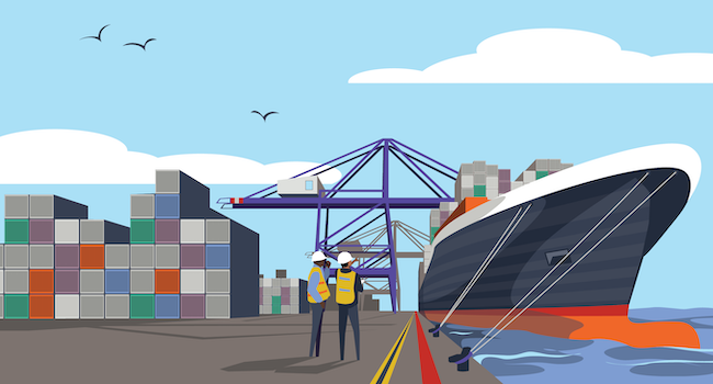 illustration of a busy port where shipping containers are loaded onto a freight vessel