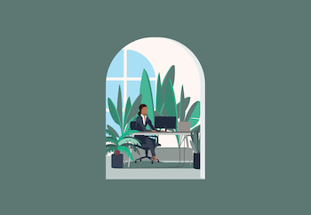 illustration of a green wall with an opening through which a worker is visible sitting at a desk in front of a plan