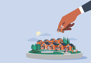 illustration of a series of homes on a circular disk, a large hand descends from the sky to add another building