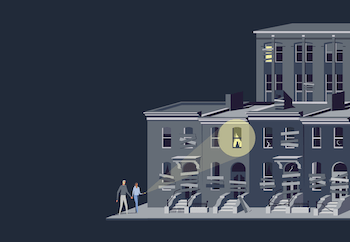 illustration of a darkened abandoned neighborhood with a single illuminated window