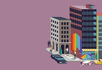illustration of an urban neighborhood block with a large pride mural handing from one of the buildings