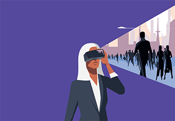 illustration of a person viewing the metaverse through a virtual reality headset
