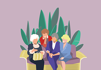 illustration of four seniors chatting on a couch
