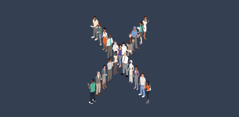 illustration of a crowd of people standing in two intersecting lines to form the letter X