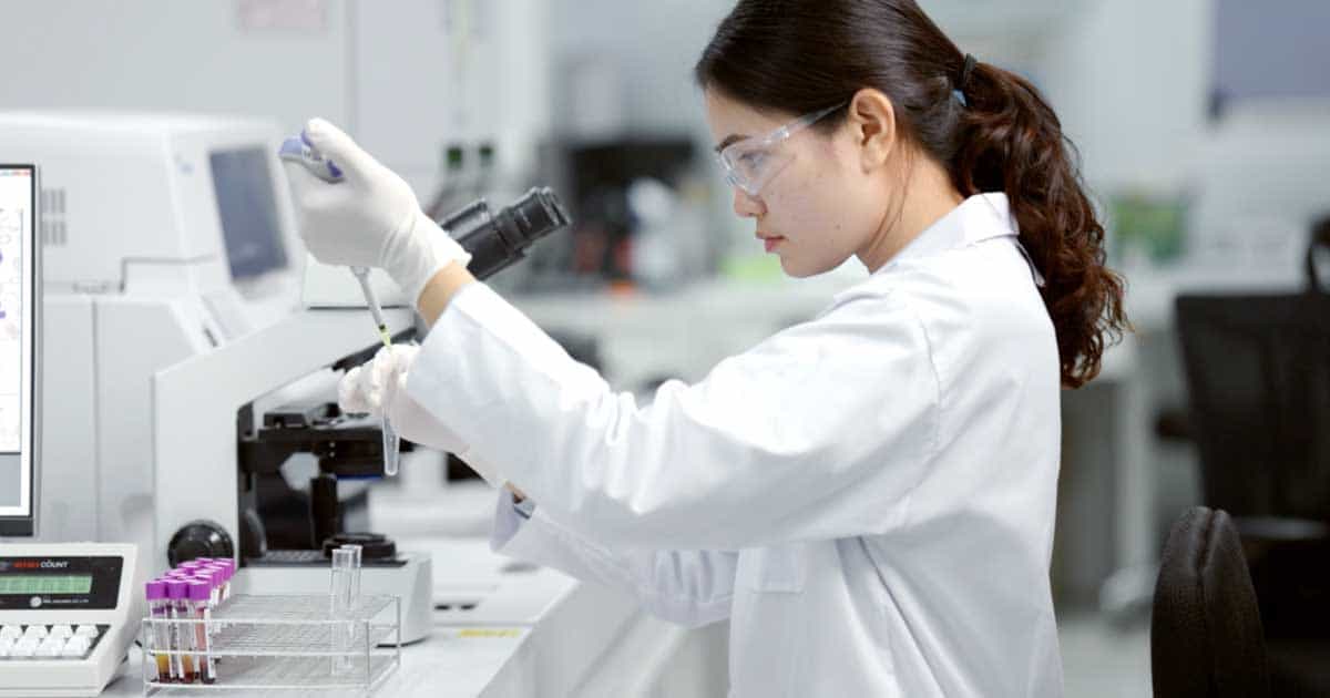 A biochemist working in a medical office building