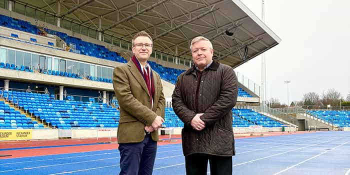 Guy Thompson and Cllr Mariam Khan stood inside the Alexander Stadium