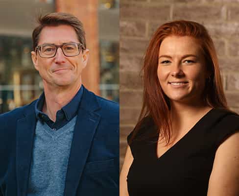 Headshots of James Pitt and Pippa Heron