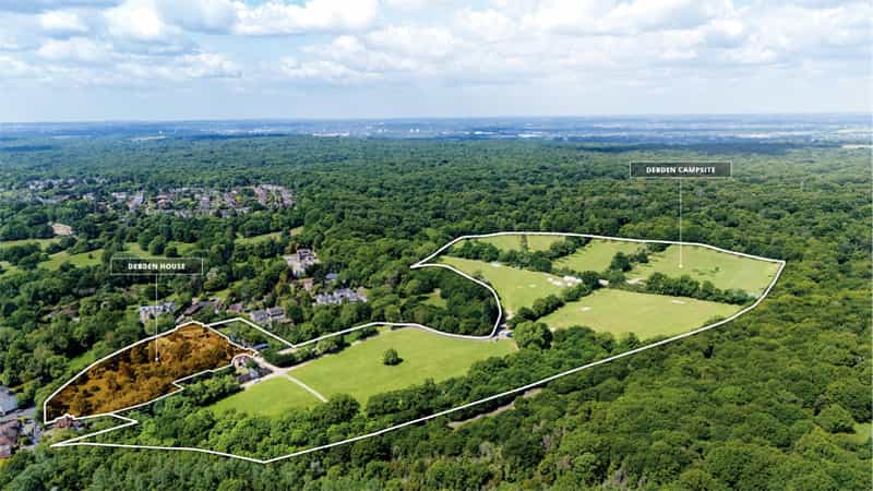 An aerial image of Debden House and Debden Campsite
