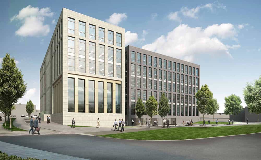 A CGI image of two office buildings