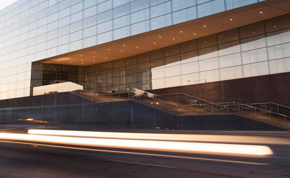 An abstract image of the entrance to a modern office building