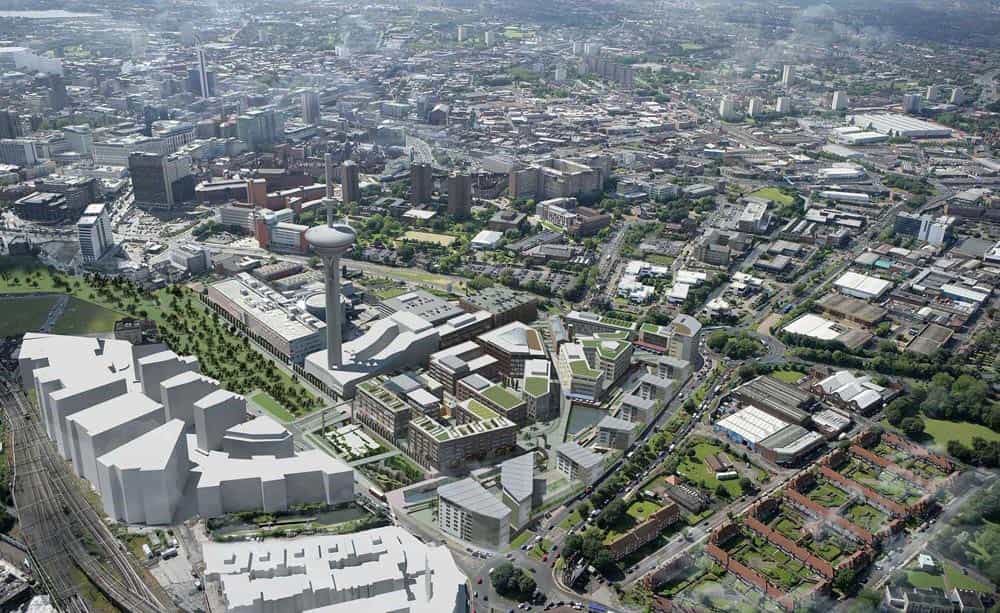 A CGI image of a modern city centre