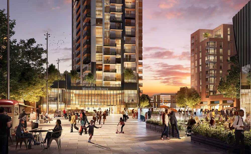 A CGI image of a local square in London at night