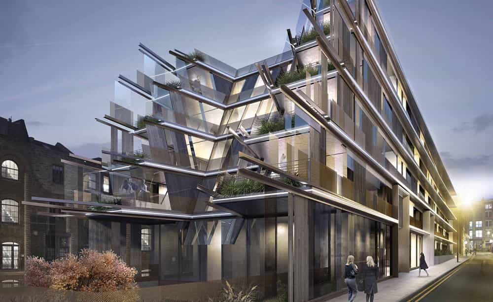 An external CGI image of an ultra modern hotel