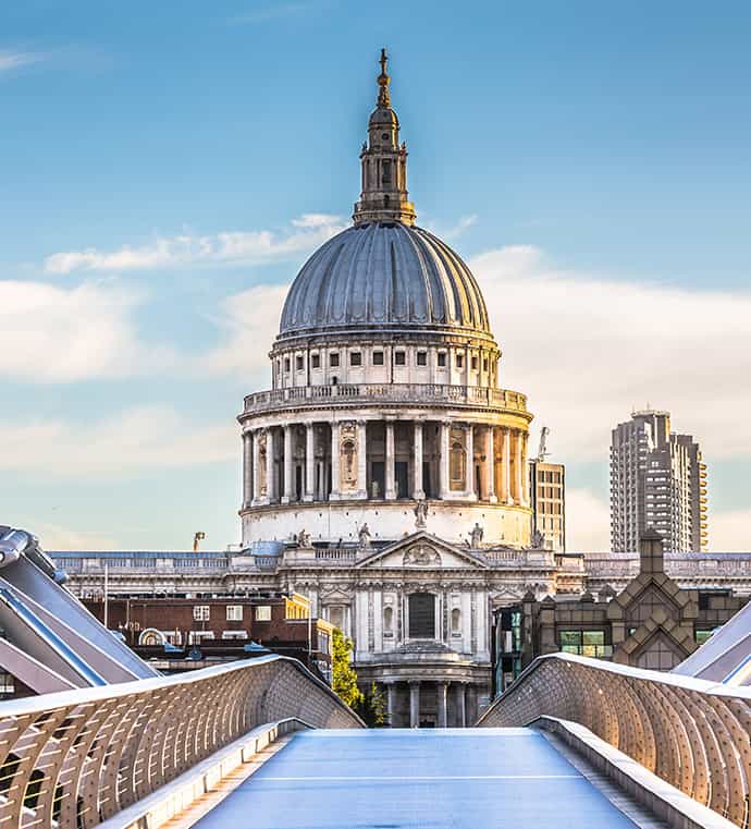 An image of St Pauls Cathedral, taken from a nearby footbridge