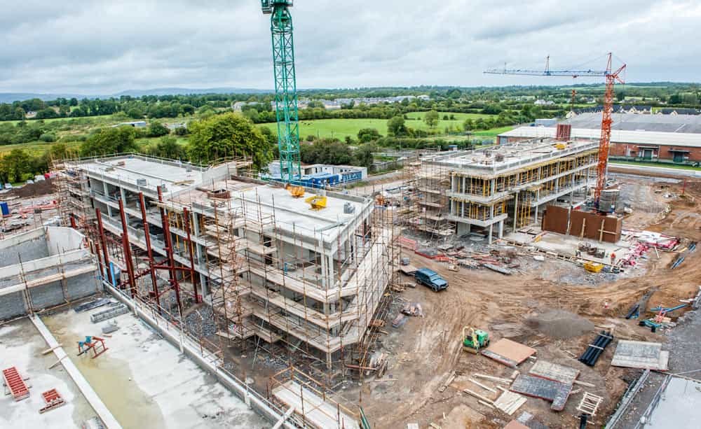 An aerial image of a modern office building under construction