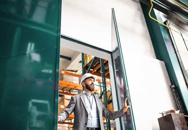 Lethbridge industrial real estate broker walks through a doorway in a factory